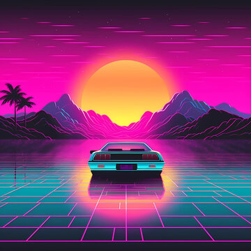 Retro car on the road on sunset with synth wave futuristic retro sci-fi art background.80 retro sci-fi.vector illustration.