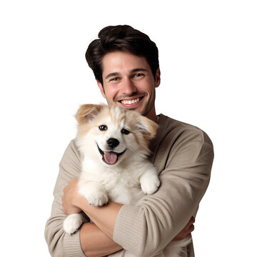 happy dog owner smiling holding his dog in arm