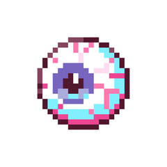 Pixel Art Spooky Eyeball. Retro 8bit Style Halloween Decor Creepy Eye Illustration. Ideal for Sticker, Retro Decorative Video Game Element, Game Asset, Emoji, Avatar or Cute Geek Patch.	