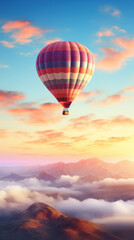 Fototapeta premium Hot air balloon in horizon sky, morning sunlight