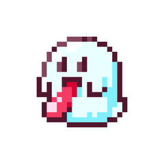 Pixel Art Ghost. Retro 8bit Style Halloween Decor Cute Spirit Illustration. Ideal for Sticker, Retro Decorative Video Game Element, Game Asset, Emoji, Avatar or Cute Geek Patch.	