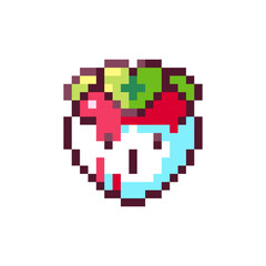 Pixel Art Witch Bloody Strawberries. Retro 8bit Style Halloween Decor Spooky Illustration. Ideal for Sticker, Retro Decorative Video Game Element, Game Asset, Emoji, Avatar or Cute Geek Patch.	