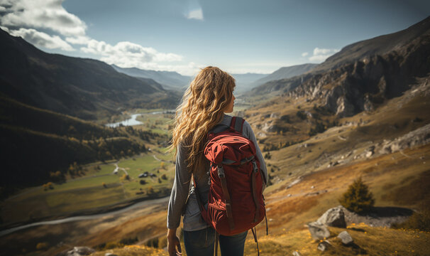 Hipster young girl with backpack enjoying sunset on peak of mountain. Tourist traveler on background view mockup. Hiker looking sunlight in trip, mock up text. Woman traveling hiking the world 