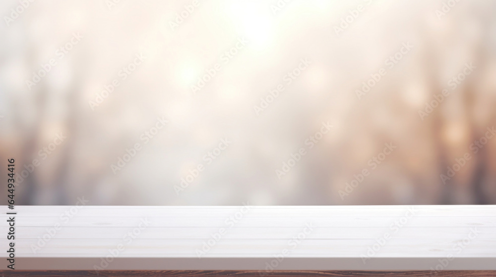 Poster empty white table blurred on soft light gently bokeh background