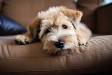 Adorable fluffy wheaten terrier dog relaxing on the couch