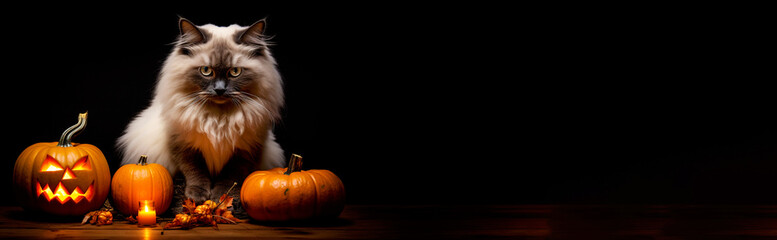 Halloween pumpkin lantern and cute cat on a black background.