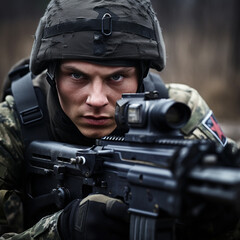 A special forces soldier who is aiming of a machine gun