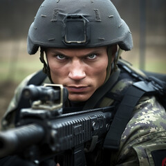 Portrait of a special forces soldier who is aiming at a collimator sight of a machine gun