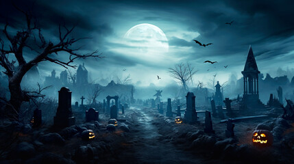 Fototapeta premium Pumpkins In Graveyard In The Spooky Night
