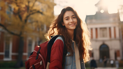 Smiling brunette girl with curly long hair looking towards the camera, wearing casual clothes and backpack with college campus in background in sunflare. 