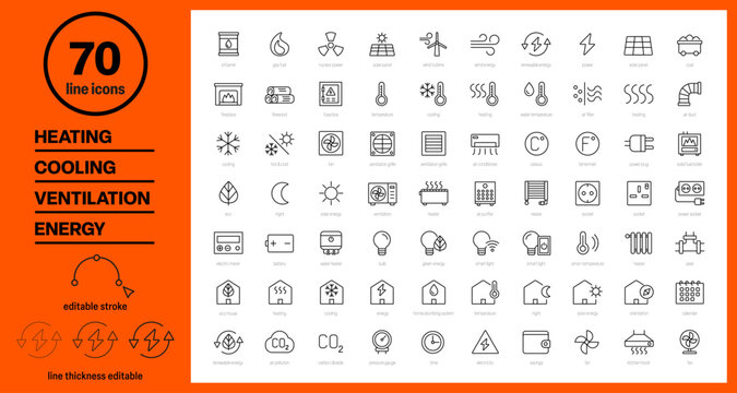 heating icons, cooling icons, ventilation icons, energy icons, set of vector linear icons, heating and cooling icon set, outline energy sources symbols, eco house, smart home systems icons pack