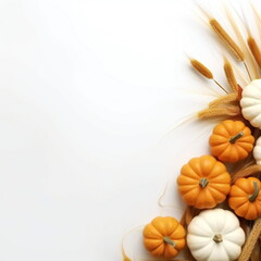 Autumn background with pumpkins and ears of wheat on a white background