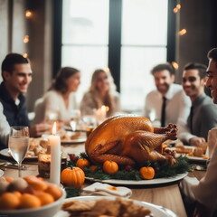 Close-up of roasted turkey on the festive table. Celebrating Thanksgiving or Christmas.
