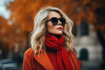 Stylish young fashionable woman wearing sunglasses, coat and red scarf outdoors, autumn lifestyle
