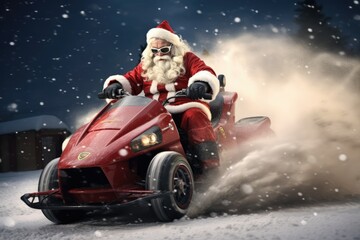 Santa Claus driving a snowmobile in the winter forest with snowfall, Christmas concept, ai generative