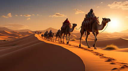 people cross the desert on camels. - obrazy, fototapety, plakaty