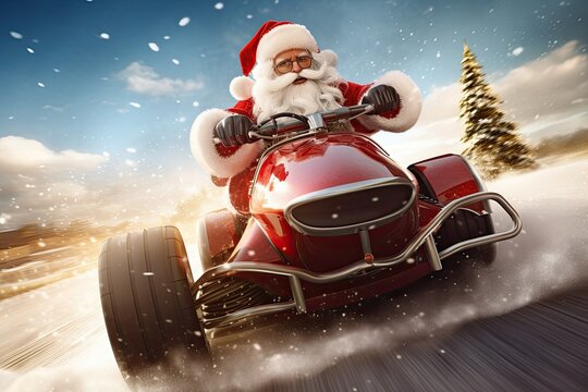Santa claus driving a race car on the road at Christmas time, Christmas concept, ai generative