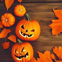 Festive Halloween table setting showcases an array of carved pumpkins, autumn leaves, and a unique glass vase, capturing the season's spirit. Generative AI