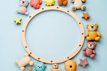 Obraz premium Top view of wooden children's toys on a light blue background
