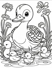 Fototapeta premium Angry duck with ducklings coloring pages for kids and adults. Relaxation therapy