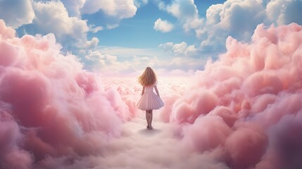 a girl walking on the heaven way with pink cloud and blue sky, Generative Ai