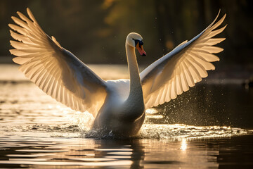Beautiful swan with spread wings on gentle sunlight