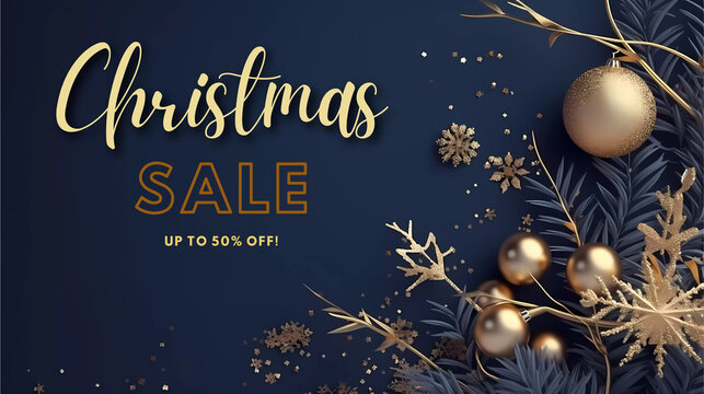 Luxury Christmas theme dark blue with golden decorations sale banner.Christmas sale graphic resource.vector illustration.