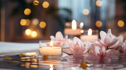 luxury spa with pool ,candles,magnolia flowers in cozy massage salon - 644937465