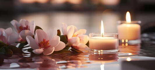 luxury spa with pool ,candles,magnolia flowers in cozy massage salon - obrazy, fototapety, plakaty