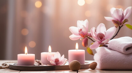 luxury spa with pool ,candles,magnolia flowers in cozy massage salon