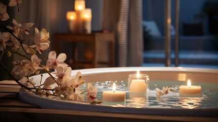 Fototapeta na wymiar luxury spa with pool ,candles,magnolia flowers in cozy massage salon