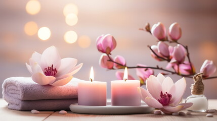 luxury spa with pool ,candles,magnolia flowers in cozy massage salon - 644937479