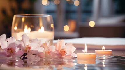 Obraz na płótnie Canvas luxury spa with pool ,candles,magnolia flowers in cozy massage salon