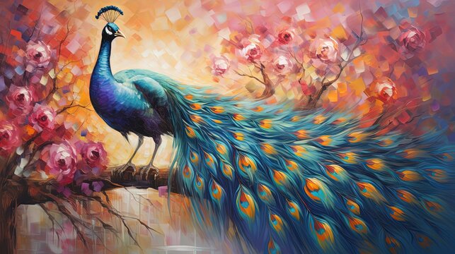 painting style illustration, beautiful peacock in flower garden, Generative Ai	
