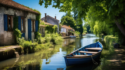 a boat and small houses on the river - obrazy, fototapety, plakaty