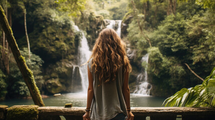 a young woman with long hair looks at a waterfall