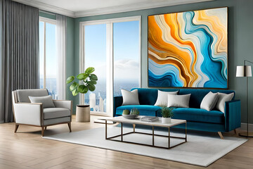 Marble abstract acrylic painting in the interior of the room. Marbling artwork texture.