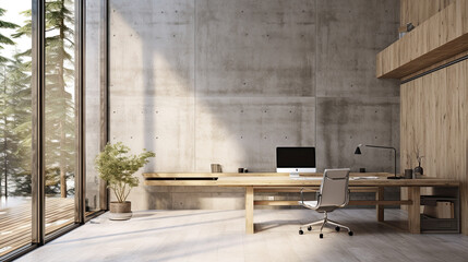 Concrete walls modern work office, wooden deck in a clean and bright environment. 