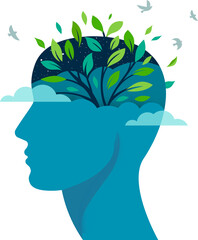 Human head with birds and green tree branches. Mental health concept Illustration © Marina Zlochin