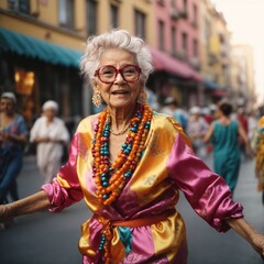 Photo of a happy senior woman in bright clothes on a city street, dancing and laughing