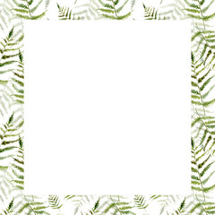 Watercolor square frame with fern. Frame with forest greenery. Forest green leaves for cards, wedding invitations, packaging design, printing.