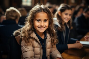 Obraz premium girl pupil at school at his desk close up