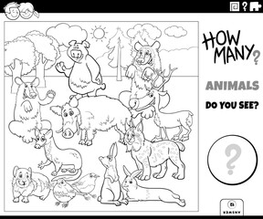 Fototapeta na wymiar counting cartoon wild animals educational activity coloring page