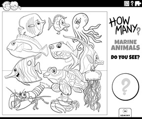 counting cartoon marine animals educational activity coloring page