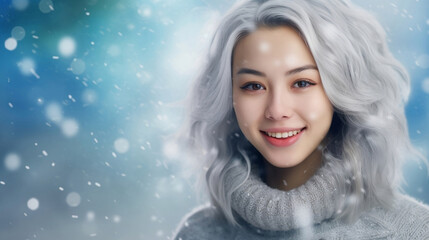 The face Asia of a woman woman Japanese with white hair in the snow.Beautiful woman with long white hair watercolor illustration, horizontal copy space background. Ai.Abstract fashion concept.