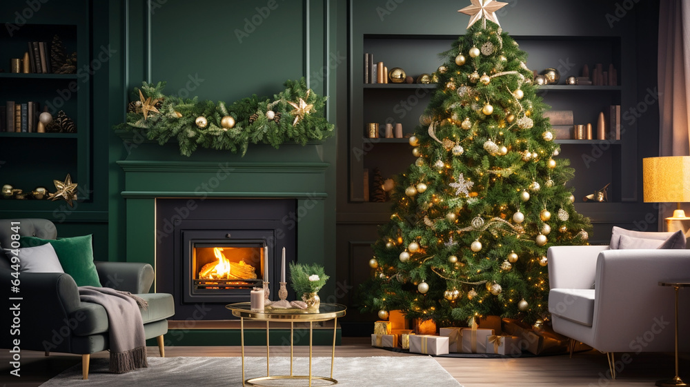 Wall mural Beautiful green Christmas tree with decorative round balls in a room with a burning fireplace