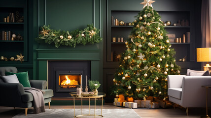 Fototapeta na wymiar Beautiful green Christmas tree with decorative round balls in a room with a burning fireplace