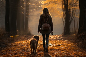 woman walking with her dog in park