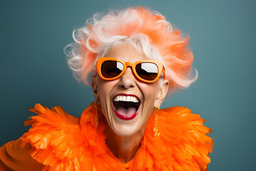 Vibrant Studio Fun A Happy Senior Woman Dressed in a Colorful Orange Outfit and Cool Sunglasses, Laughing and Having a Great Time in a Fashion Studio