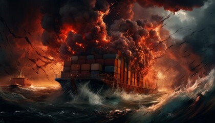 A cargo tanker with containers is wrecked in a stormy ocean, the ship is on fire and sinking. Made in AI - obrazy, fototapety, plakaty